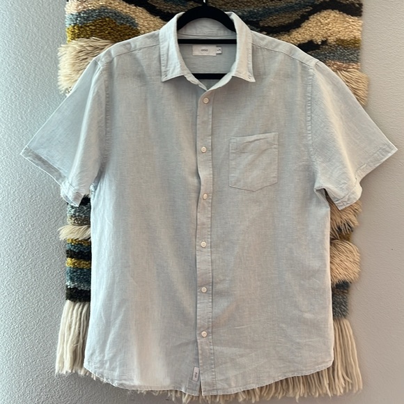 ONIA Men's Linen Blend Button Up Shirt Short Sleeve Pinstriped Light Blue Large - Picture 1 of 10